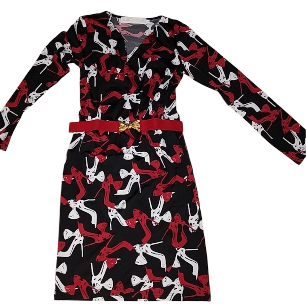 Women’s Tracy Negoshian Heel & Bow Pattern Long Sleeve Dress - Size M